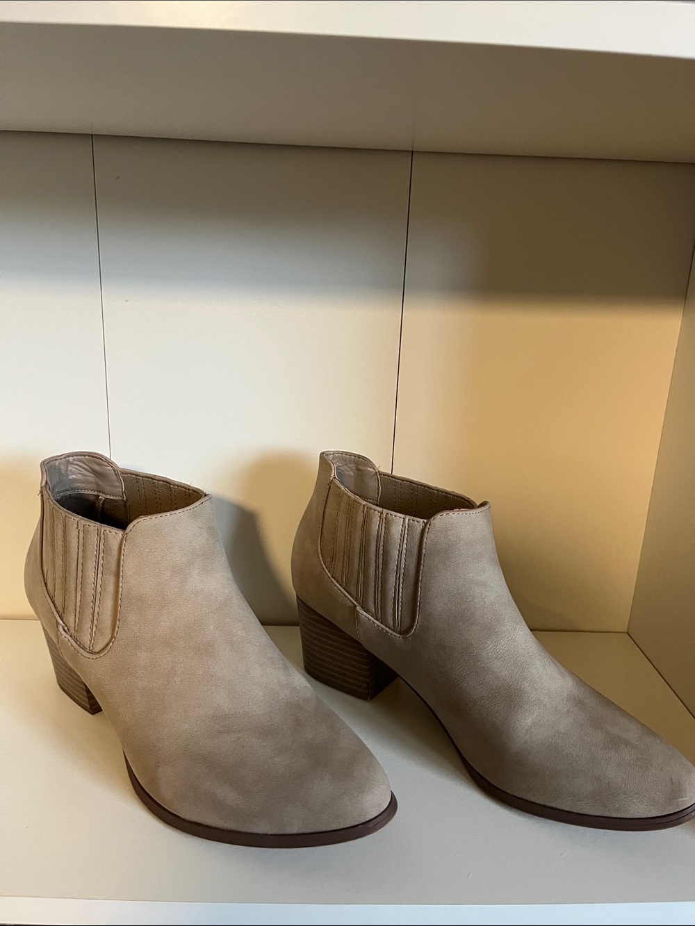 Taupe Suede-like Low Heel Ankle Booties